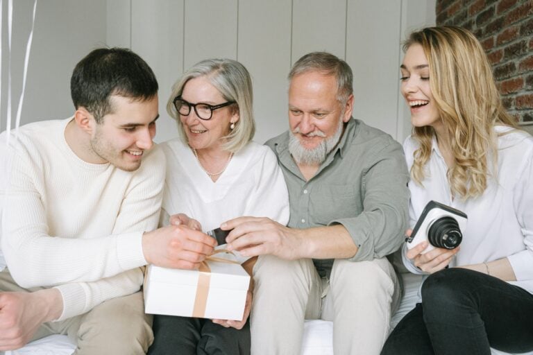 Family supporting aging parents at home while maintaining independence and safety
