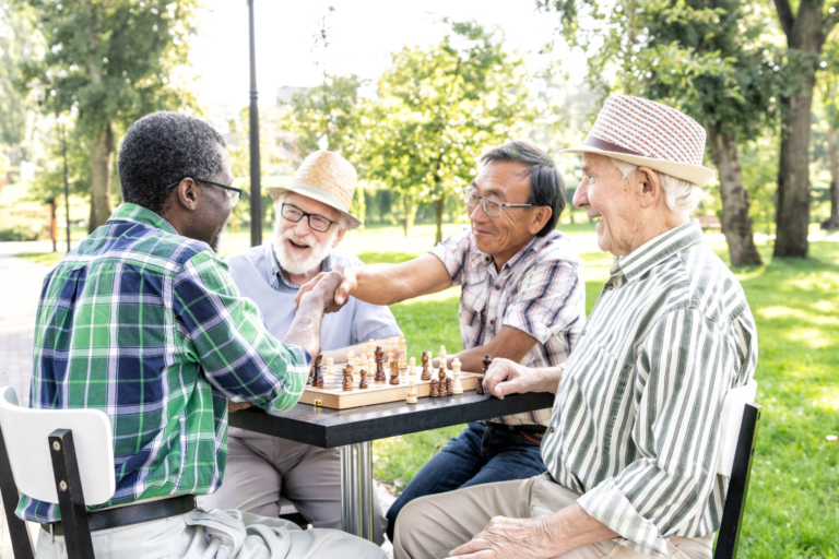 Group of seniors socializing and playing chess together in a park.