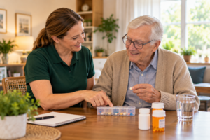 Flu season and seniors: Caregiver helping an older adult with medication reminders at home
